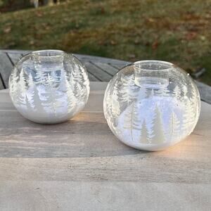 Christmas Tree & Reindeer Frosted Glass Candle Holders Set of 2 Holiday Decor